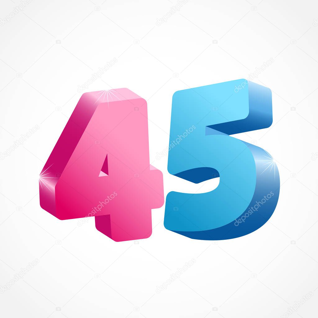 45 th anniversary numbers. 45 years old coloured logotype. Age congrats, congratulation idea. Isolated abstract graphic design template. Creative 4, 5 3D digits. Up to 45%, -45% percent off discount.