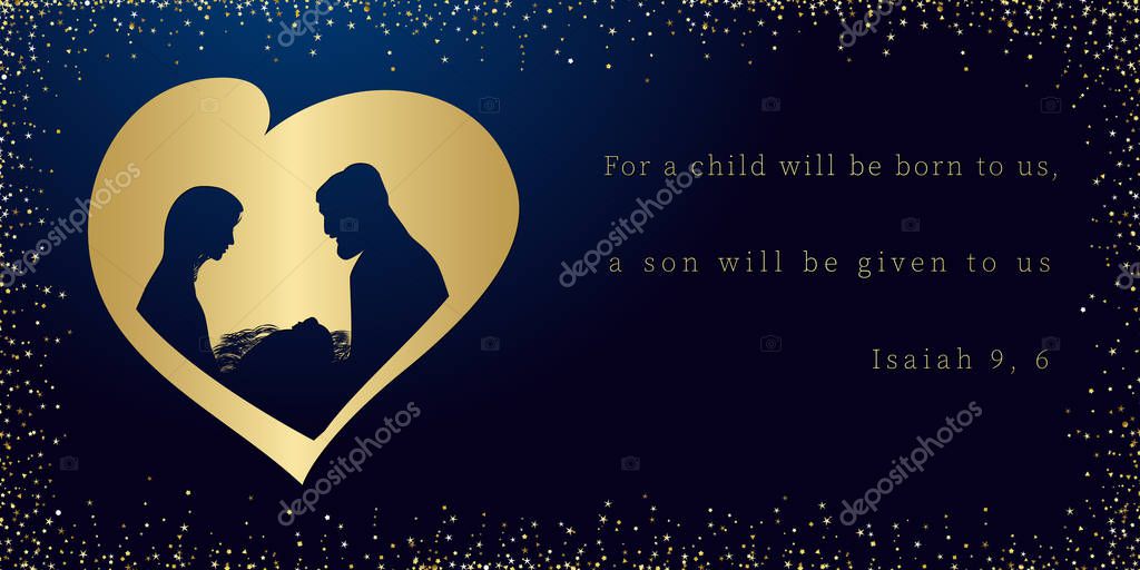 Christmas scene of baby Jesus in the manger with Mary and Joseph in heart. Christian Nativity with Bible text Isaiah 9, 6. Christ was born. Horizontal banner. Isolated abstract graphic design template