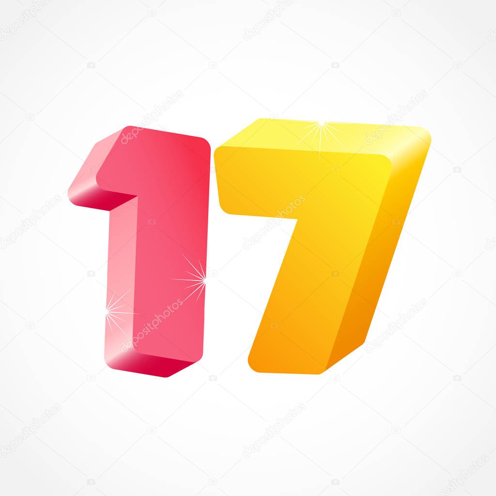 17 th anniversary numbers. 17 years old coloured logotype. Age congrats, congratulation idea. Isolated abstract graphic design template. Creative 1, 7 3D digits. Up to 17%, -17% percent off discount.