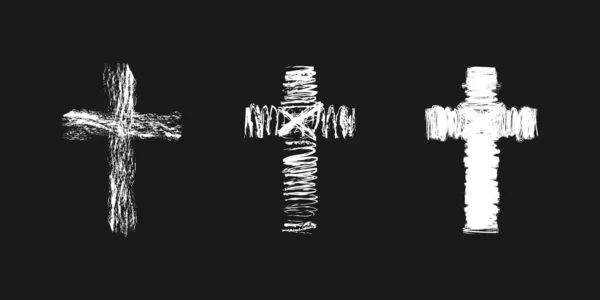 Concepto Cruzado Estilo Cepillado Logo Iglesia Cristiana Vector Set Crucifixiones — Vector de stock