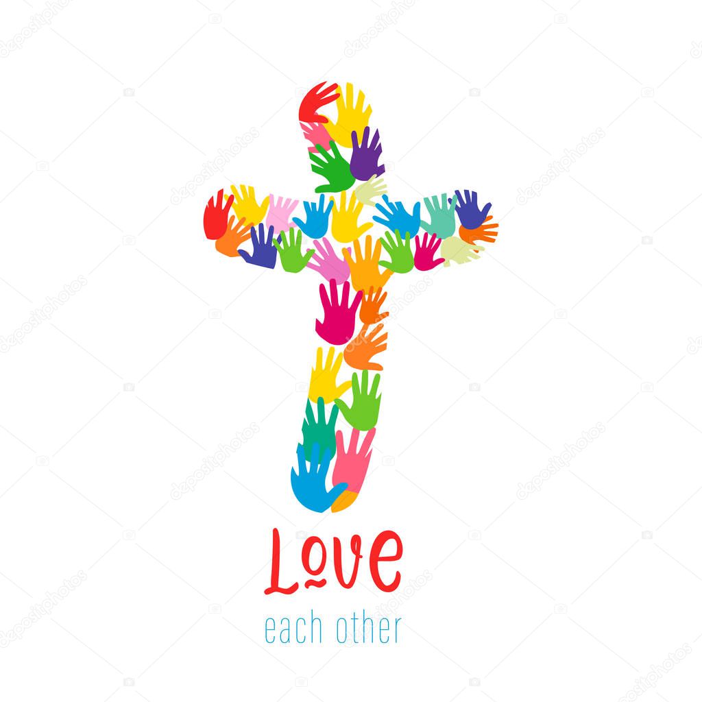 Cross logo. Christian church vector logotype. Colored crucifixion. Religious symbol, greeting card, lettering concept. Abstract isolated graphic design template. Creative idea, white background.