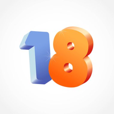 18. yıldönümü numaraları. 18 yaşında, renkli bir logoti. Yaş olarak tebrik ederim, tebrik ederim. Soyut grafik tasarım şablonu. Yaratıcı 1, 8 3 boyutlu rakamlar. % 18 'e kadar,% 18 indirimli..