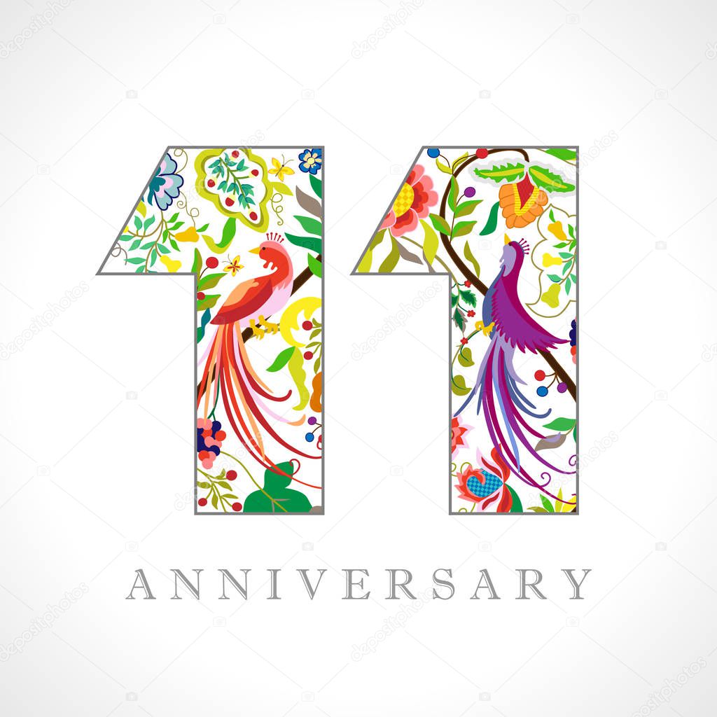 11 years old logotype. 11 th anniversary numbers. Decorative symbol. Age congrats with peacock birds. Isolated abstract graphic design template. Royal colorful digits. Up to 11% percent off discount.