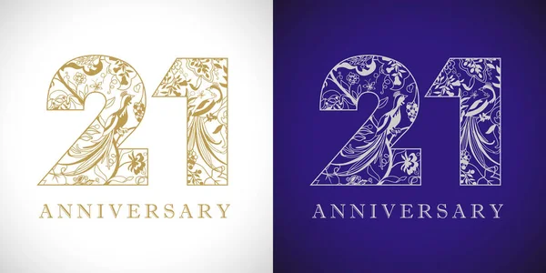 21岁的标志类型 21周年纪念日的数字 装饰符号 与孔雀鸟为伍 孤立的抽象图形设计模板 皇家黄金数字高达21 — 图库矢量图片