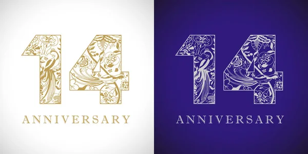 Logotipo Anni Quattordici Anni Simbolo Decorativo Congratulazioni Età Con Uccelli — Vettoriale Stock