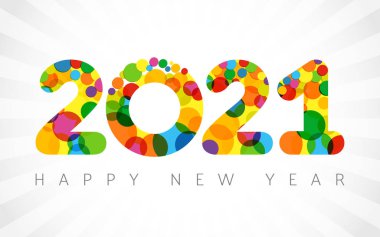 2021 Bir Mutlu Yıllar tebrik kartı. Xmas beyaz arka planı. Tatil konfeti numaraları ve mesajlar. Renkli logot tipi. Soyut izole edilmiş grafik tasarım şablonu. Takvim başlığı. 0, 1, 2, 2022 baloncuklu yaratıcı haneler