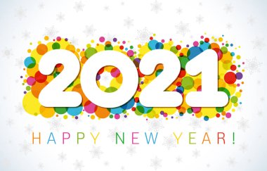2021 Bir Mutlu Yıllar tebrik kartı. Xmas beyaz arka planı. Tatil konfeti numaraları ve mesajlar. Renkli logot tipi. Soyut izole edilmiş grafik tasarım şablonu. Takvim başlığı. Yaratıcı kağıt numaraları 0, 1, 2, 2022
