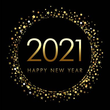 2021 Bir Mutlu Yıllar tebrik kartı. Karanlık arka plan. Mevsimlik numaralar ve mesajlar. Tatil logosu. Soyut izole grafik tasarım şablonu. Takvim başlığı. Doğum günü altın parmakları 20, 21. O harfi.