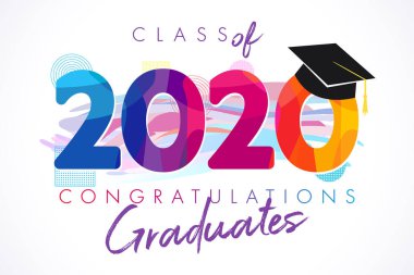 2020 mezuniyet pankartı, ödül konsepti. Tişört fikri, bayram renkli davetiye kartı, parlak amblem. Ayrı numaralar, soyut grafik tasarım poster şablonu. Fırça darbeleri, beyaz arkaplan.