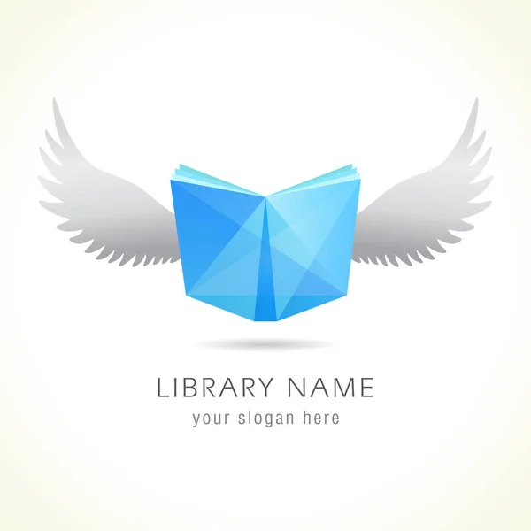 フライングブックのロゴ 抽象的なグラフィックデザインテンプレートを分離 ステンドグラスの青い本と鳥の白い翼 創造的なスマートフォンのアプリケーションの紋章 教育記号 図書館記号 ブランディングアイデンティティ — ストックベクタ