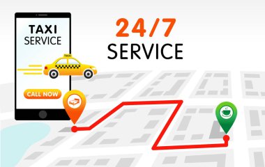 Taksi servisi uygulama tasarımı. Şehir haritasında cep telefonu siparişi taksisi düz şekilde vektör illüstrasyonuName