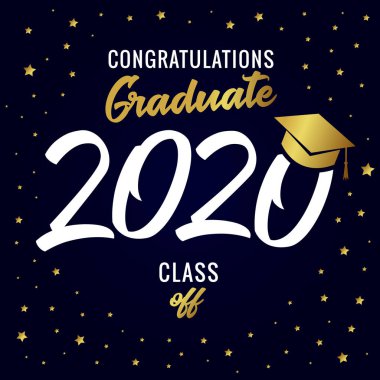 2020 mezuniyet pankartı, ödül konsepti. Tişört fikri, mutlu bayram davetiyeleri, parlak amblem. Ayrı sayılar, soyut grafik tasarım şablonu. Altın metin, kare koyu arkaplan