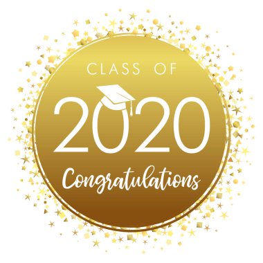 2020 mezuniyet pankartı, ödül konsepti. Parlak tabela, mutlu bayram davetiyeleri, altın çember. Soyut grafik tasarım şablonu. Fırçalama metni, yuvarlak beyaz arkaplan.