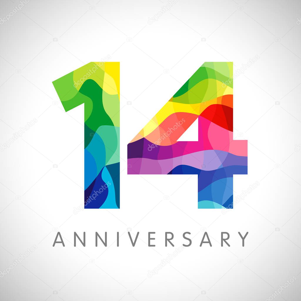 14 th anniversary numbers. 14 years old logotype. Bright congrats. Isolated abstract graphic web design template. Creative 1, 4 3D digits. Up to 14%, -14% percent off discount. Congratulation concept.