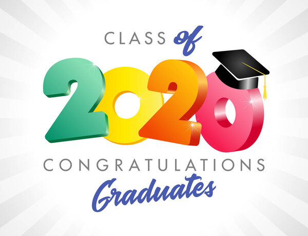 Class of 2020 year graduation banner, awards concept. T-shirt idea, happy holiday invitation sign, bright 3D emblem. Isolated logotype, abstract graphic design template. Bright text, white background.
