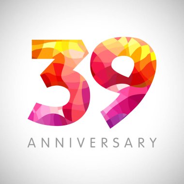 39. Yıl dönümü numaraları. 39 yaşında, facet logotype. Yaş olarak tebrik ederim, tebrik ederim. Soyut grafik tasarım şablonu. Yaratıcı 3, 9, 3, D sarı, kırmızı parmaklar. Yüzde 39 'a kadar indirim var.