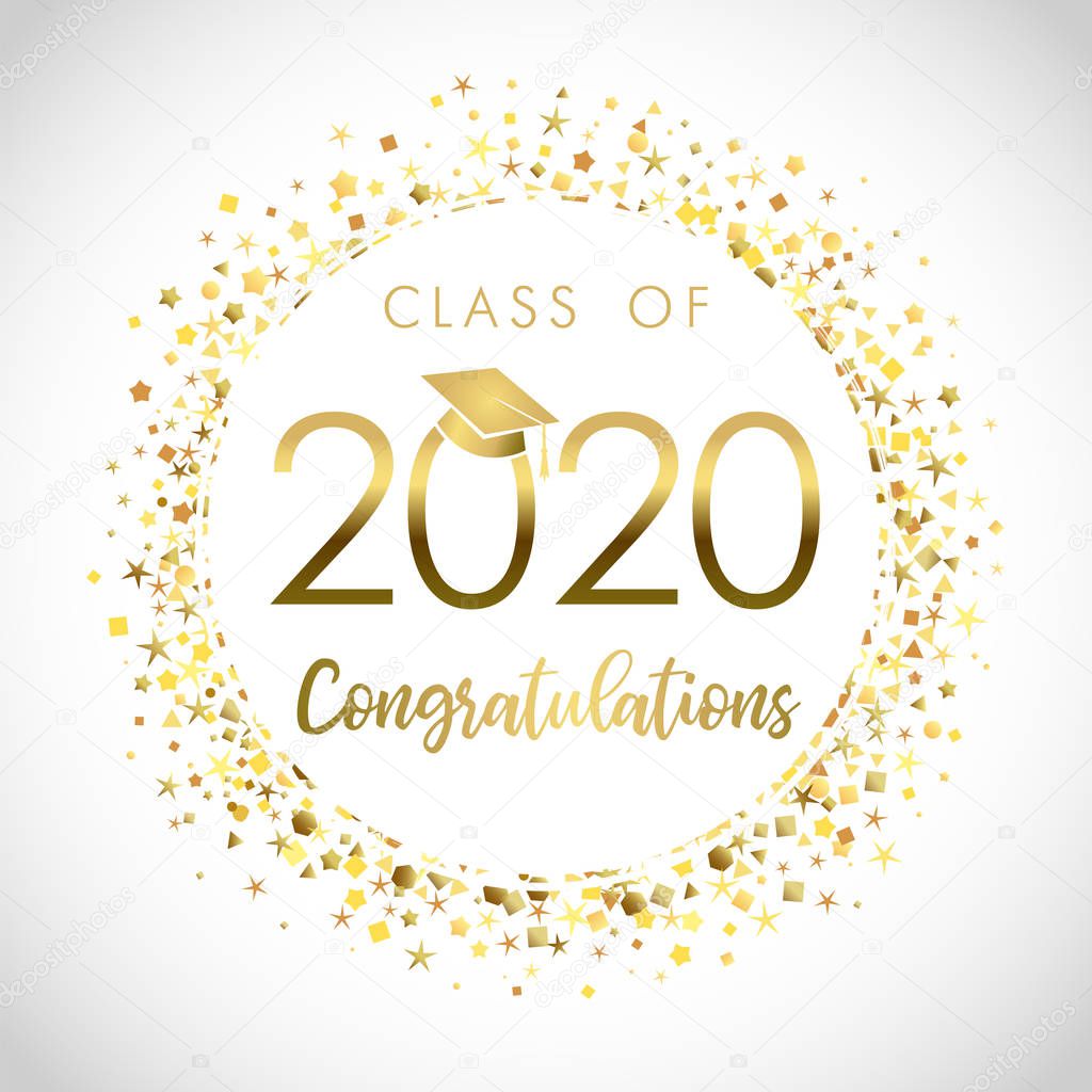 Class of 2020 year graduation banner, awards concept. Shining sign, happy holiday invitation card, golden circle. Isolated abstract graphic design template. Brushing text, round ball white background
