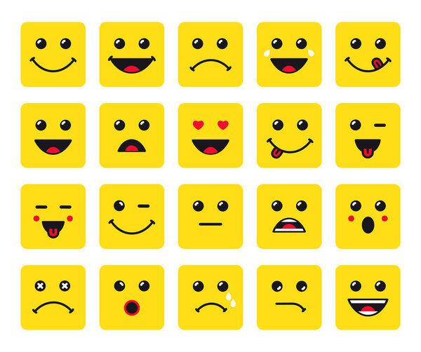 Set of square emoticons or emoji line icons. Smile icons line art isolated vector illustration on yellow background. Concept for World Smile Day smiling card or banner