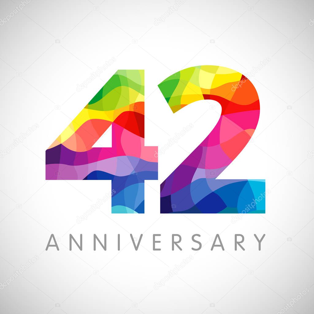 42 years anniversary logo. 42 nd anniversary numbers. 42 years old logotype. Bright congrats. Isolated abstract graphic web design template. Creative 2, 4 3D digits. Up to 42% percent off discount idea. Congratulation concept.