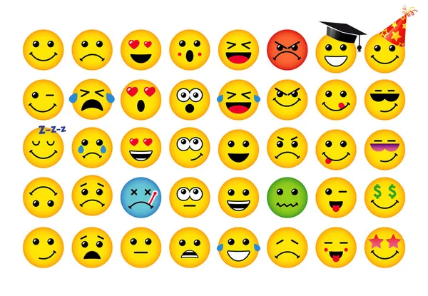 Een Set Emoticon Iconen Heldere Gele Ronde Vorm Smiley Gezichten — Stockvector