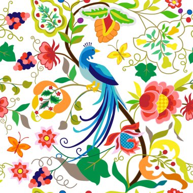 Peacock seamless pattern in vintage style, isolated on white background. Vector print with ethnic blue bird and flowers, leaf, grape branches. Folk fashionable stylish element for textile