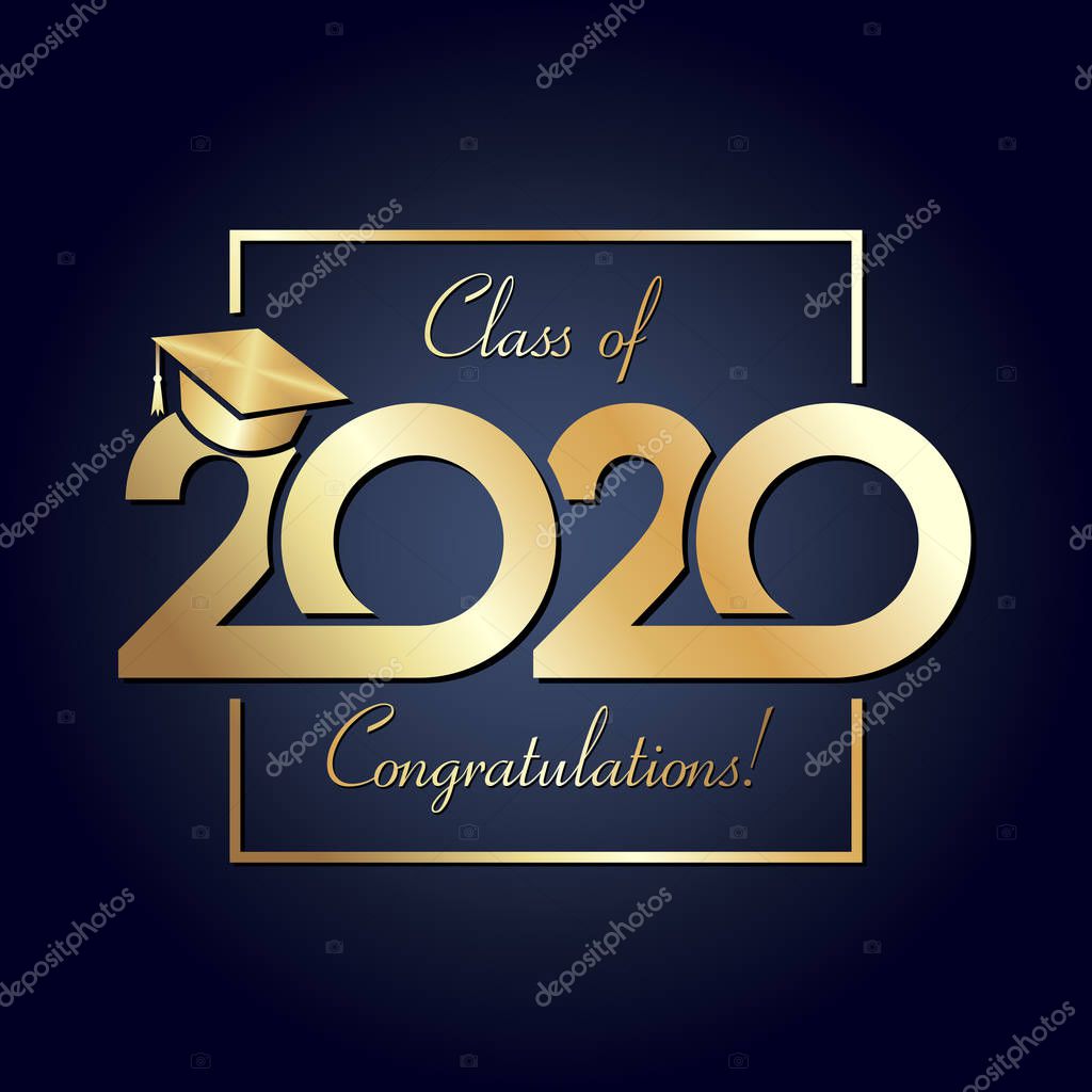 Class of 2020 year graduation banner, awards concept. Square shining sign, happy holiday invitation card, golden gradient. Isolated abstract graphic design template. Calligraphic text, dark background