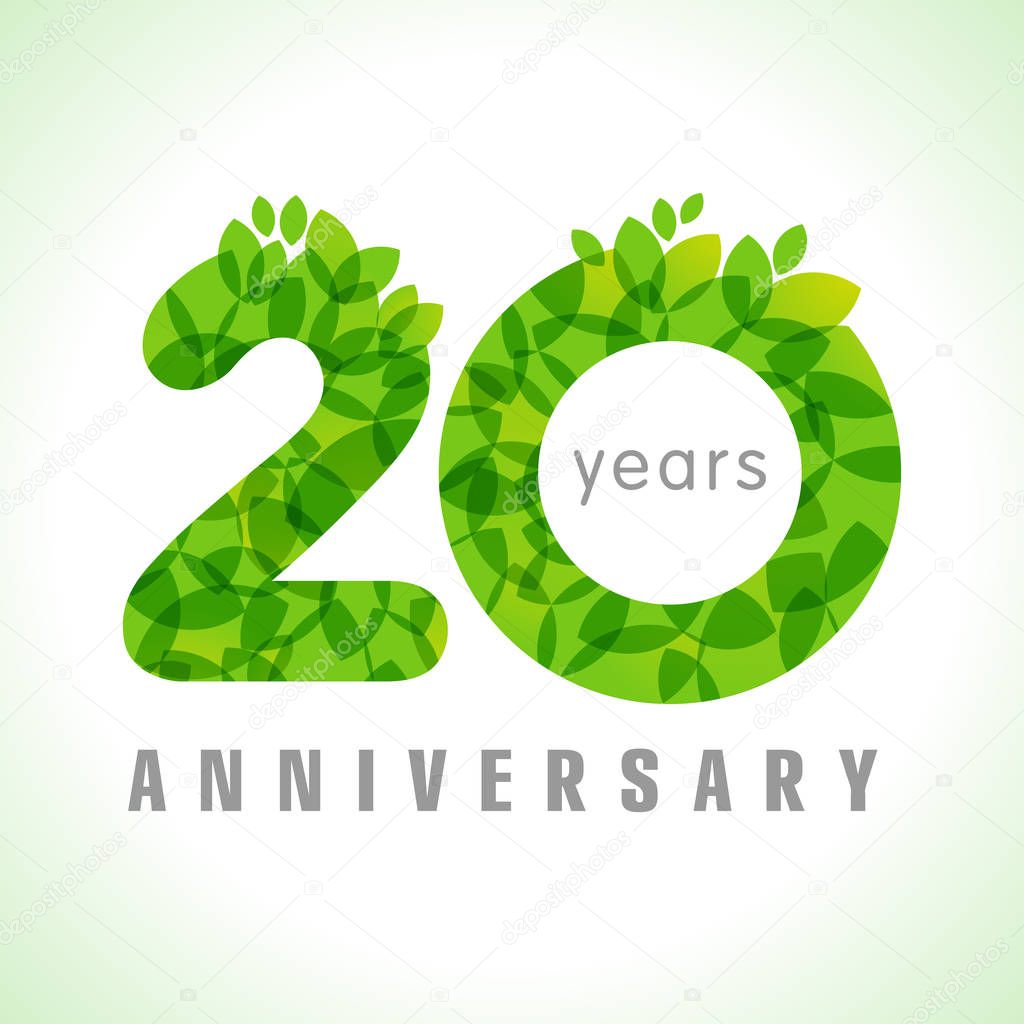 20 th anniversary numbers. 20 years old congrats. Congratulation sign with leaves. Isolated abstract graphic design template. Herbal digits, up to 20% percent off discount. Eco friendly label concept
