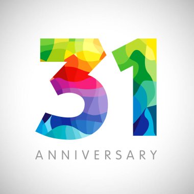 31. yıldönümü numaraları. 31 yaşında bir logoti. Parlak tebrikler. Soyut grafik tasarım şablonu. Yaratıcı 1, 3 boyutlu rakamlar. İndirim fikri% 31 'e çıktı. Tebrikler konsepti..