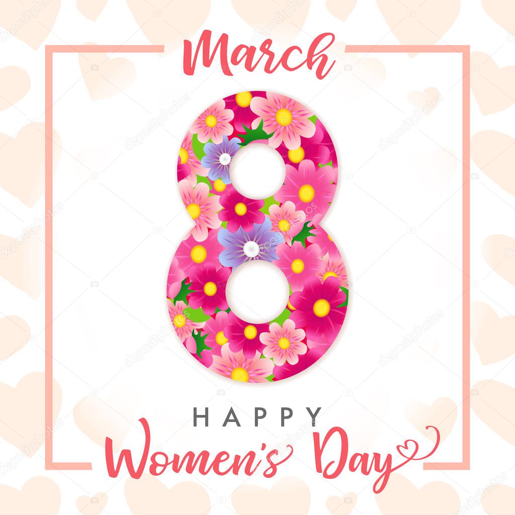 March 8, Happy Womens Day elegant congrats. Lovely pink background, cut white number, calligraphic text. Isolated abstract graphic design template. Decorative bright 3D symbol and basket of flowers.