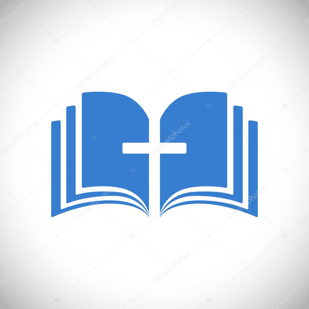 Cross and book blue logotype concept. Open book, pages. Logo idea. E-book or e-bible icon, religious symbol. Cut out brand sign. Isolated abstract graphic web design template. The word of God symbol.