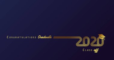 Class off 2020 year congratulation graduate, golden lines design. Vector graduation illustration with gold academic cap isolated on dark blue background clipart