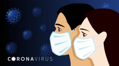 Beyaz tıbbi maskeli kadın ve erkek. Çin 'de Coronavirus, Roma Coronavirüsü (2019-ncov). Karantina kavramı, tehlikeli hücreli salgın hastalık konsepti. Vektör illüstrasyonu