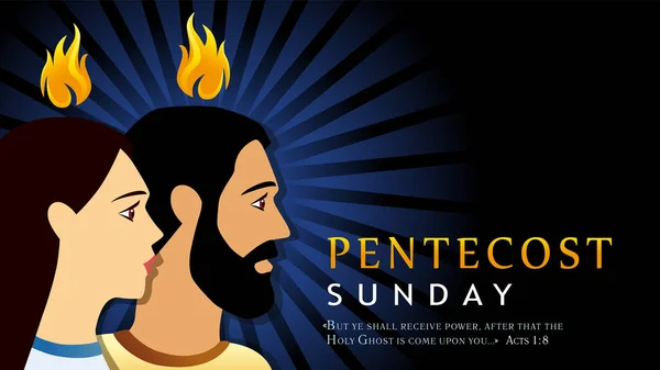炎の中で男と女とペンテコステ日曜日カード 使徒が彼らの上に火の舌で祈るようにペンテコステの日のためのテンプレートバナーとテキスト使徒1 ベクターイラスト — ストックベクタ
