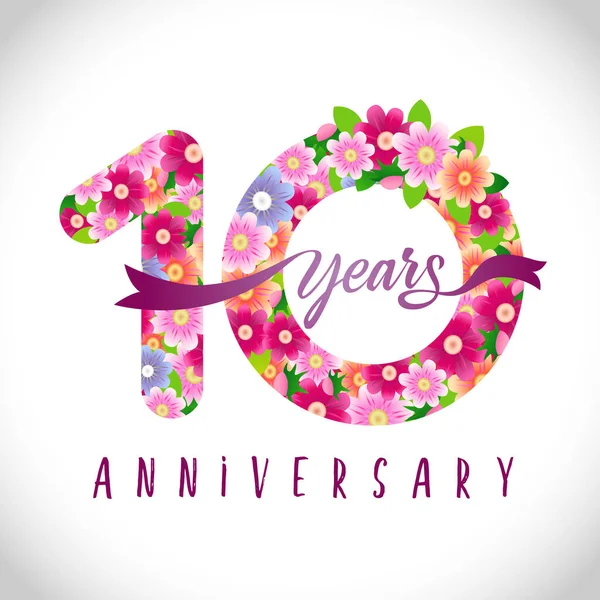Números Del 10º Aniversario Logotipo Años Felicidades Florales Rosadas Plantilla — Archivo Imágenes Vectoriales