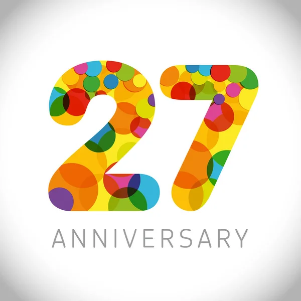 27周年纪念日的数字 27岁的五彩缤纷的祝贺 可爱的祝贺概念 孤立的抽象图形设计模板 年龄数字 折扣率高达27 装饰标志 — 图库矢量图片