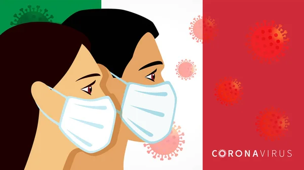 Man Och Kvinna Vit Medicinsk Ansiktsmask Italien Flagga Coronavirus Italien — Stock vektor