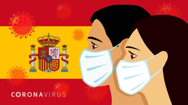 Homem Mulher Espanhóis Com Máscara Branca Bandeira Espanha Novel Coronavirus —  Vetores de Stock