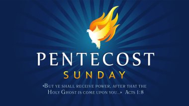 Pentecost Sunday banner with Holy Spirit in flame. Template invitation for Pentecost day with dove in tongues fire and text Acts 1:8. Vector illustration clipart
