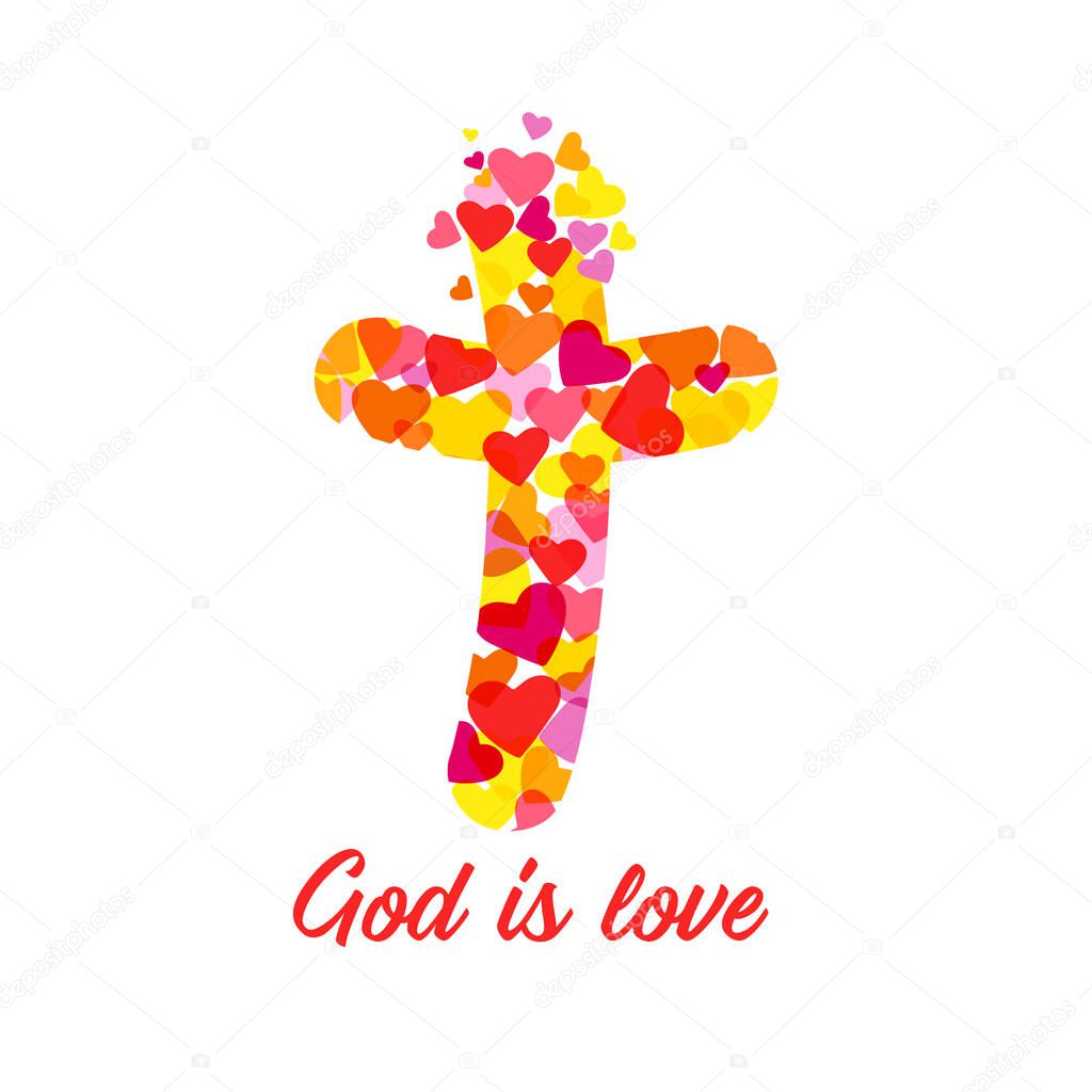 Cross logo God Is Love. Christian church sign. Colored crucifixion. Religious symbol and lettering. Greeting card or congrats concept. Abstract isolated graphic design template. T shirt creative idea.