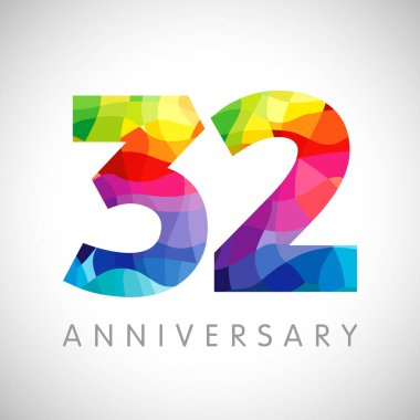 32 ve yıldönümü numaraları. 32 yaşında bir logoti. Parlak tebrikler. Soyut grafik tasarım şablonu. Yaratıcı 2, 3 boyutlu rakamlar. İndirim fikri% 32 'ye çıktı. Tebrikler konsepti..