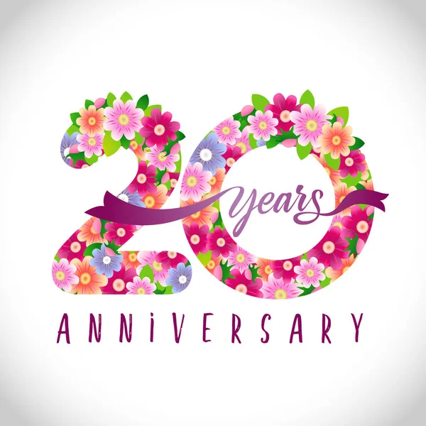 20周年記念番号 20歳のロゴタイプ 花のピンクのコングラート 抽象的なグラフィックデザインテンプレートを分離 ベクトルマスクで創造的な休日の数字 割引を20 — ストックベクタ