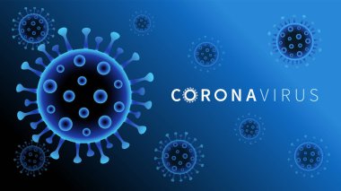 Coronavirus COVID 19 mavi arka plan. Çin ve Avrupa 2019-nC0V salgınıyla, seyahat uyarısı konseptiyle mücadele ediyor. Virüs solunum yollarına saldırır, salgın sağlık riskine girer. Vektör illüstrasyonu