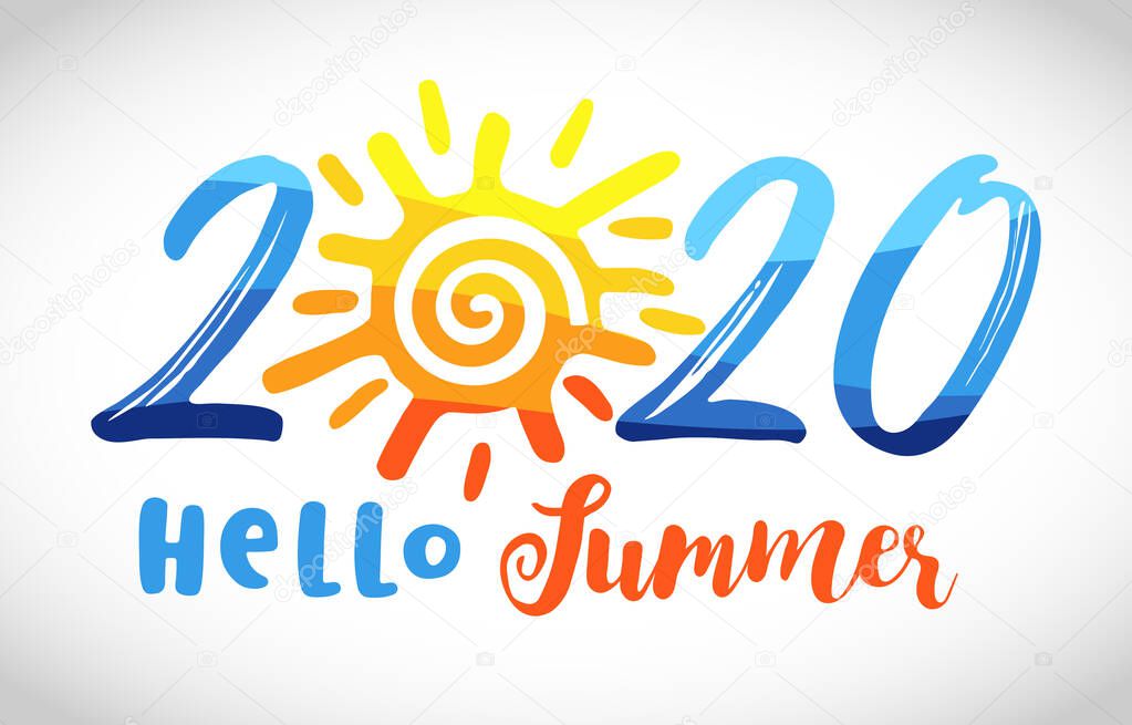 2020 sunny icon. 2020 travel logo concept. Cut number logotype with sun, creative round sign. Isolated abstract graphic design template. Decorative lettering text Hello Summer. Happy holidays symbol.