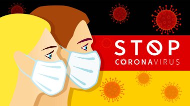 Almanya bayrağında tıbbi maske takan Alman Coronavirus 'u durdurun. Roman Coronavirus (2019-nCoV), Covid 19-NCP virüsü. Virüs hücrelerinin kırmızı renginde Salgın Covid-19 arka planı. Vektör illüstrasyonu