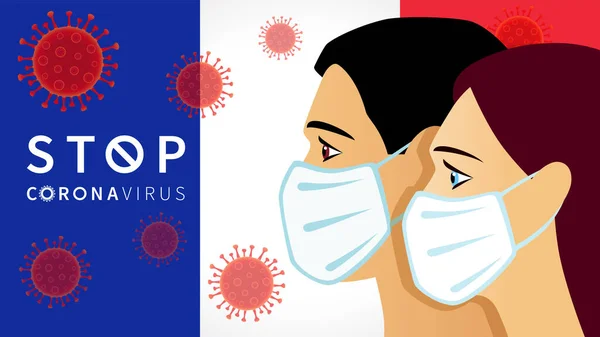 Stop Coronavirus Fransen Met Een Medisch Masker Onder Franse Vlag — Stockvector