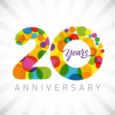 20. yıl dönümü numaraları. 20 yaşında, çok renkli tebrik ederim. Sevimli bir tebrik konsepti. Soyut grafik tasarım şablonu. Yaş numaraları. % 20 'ye kadar,% 20 indirimli. Dekoratif işaret