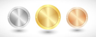 Madalya amblemi koleksiyonu. Soyut grafik tasarım şablonu. Altın, gümüş ve bronz metalik renklerde zarif yuvarlak ödüller. Lüks çerçeveler, dekorasyon amblemleri. Parlak klasik bardak elementleri seti