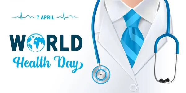 Día Mundial Salud Diseño Médico Estetoscopio Globe Text Normal Cardiogram — Vector de stock