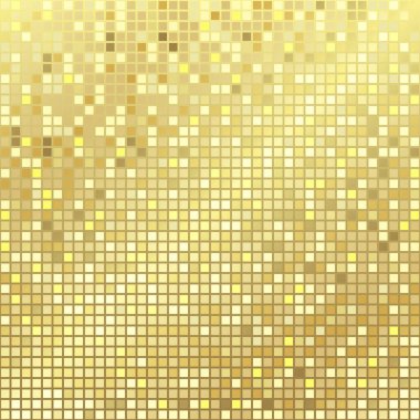 Parlak disko mozaik kare altın arka plan. Soyut grafik tasarım şablonu. Altın renkli pikseller. Modern dijital sarı desen. Tatil parlak yaratıcı dekorasyon. Kraliyet Madalyası.