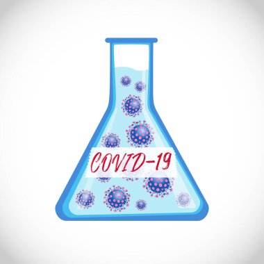 Cam şişede Coronavirus. Roman Simgesi konsepti ve metin. COVID-19 hastalık görüntüsü. SARS salgın sembolü. Soyut grafik tasarım şablonu. Yaratıcı NCOV işareti. Fırça darbesi tarzında tipografi